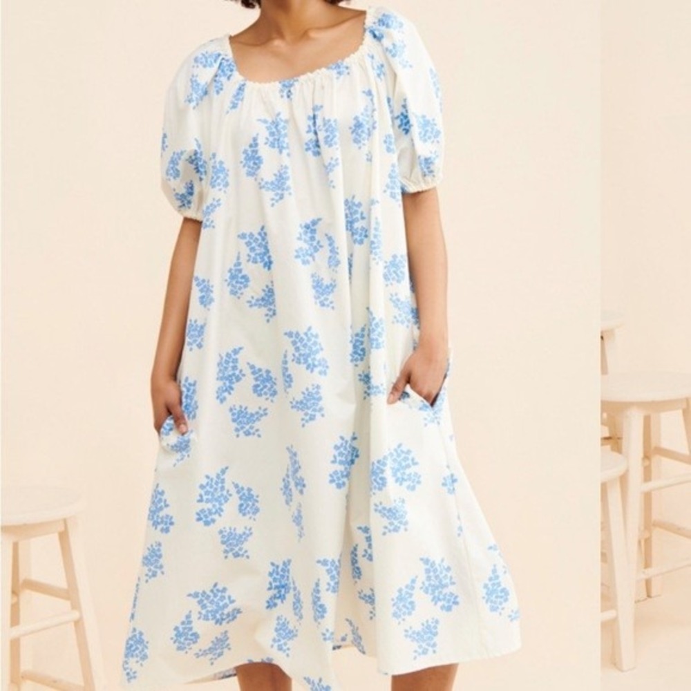 Anthropologie Naya Rae Miranda Midi Dress Blue Floral Cotton Puff Sleeve Size L
